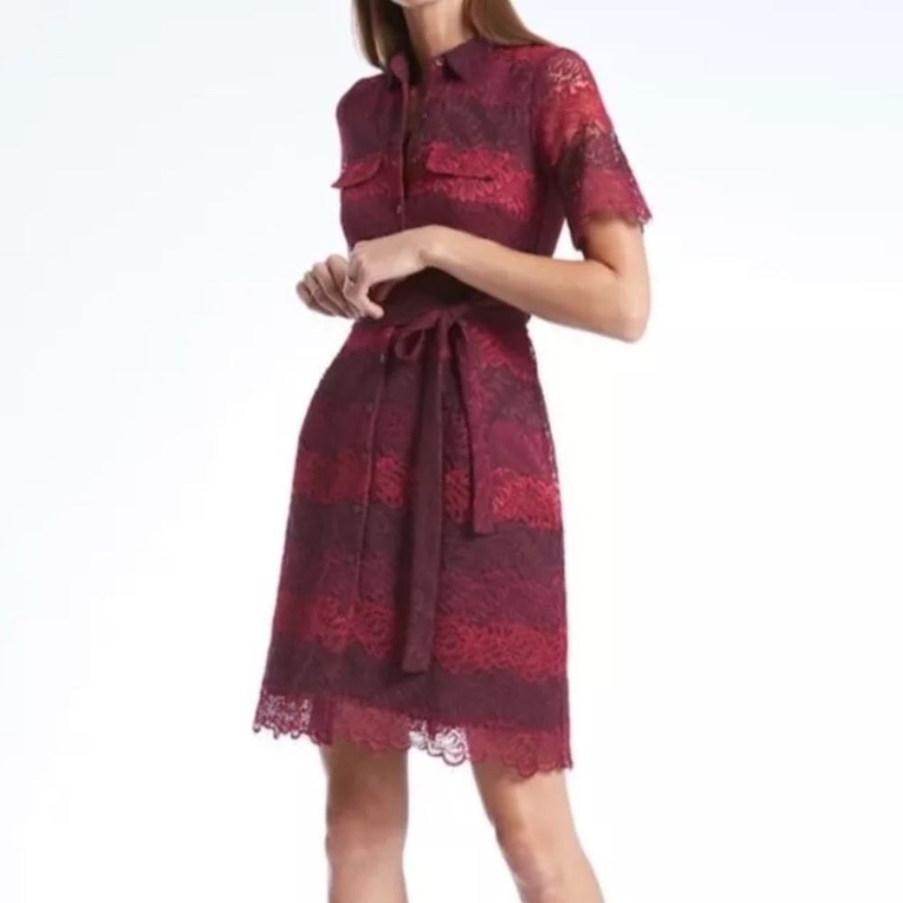 Banana Republic Dress Size 2 Lace Belted Button Shirtdress Pink Maroon Cranberry